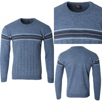 Sweter męski z okrągłym dekoltem niebieski pasy klasyczny - Devanti