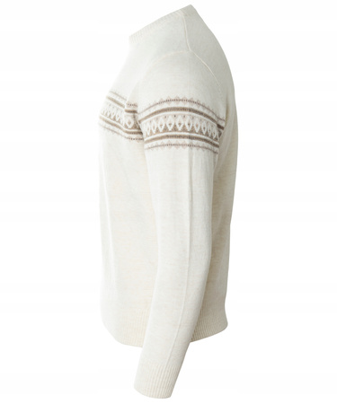 Sweter męski z okrągłym dekoltem beżowy wzór pasy wełna klasyczny - Devir