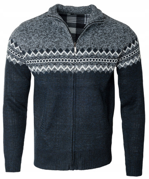 Sweter męski rozpinany ocieplany polarem jesienny granatowo-szary ze wzorem