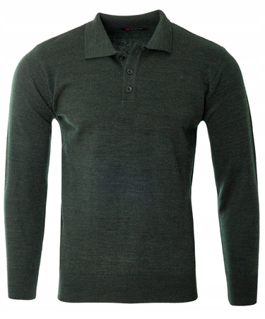 Bluza męska z kołnierzykiem polo na guziki zielona gładka ze ściągaczami wełniana - Reymo