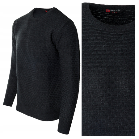 Sweter męski z okrągłym dekoltem pod szyję czarny we wzór wełniany klasyczny ciepły - Reymo