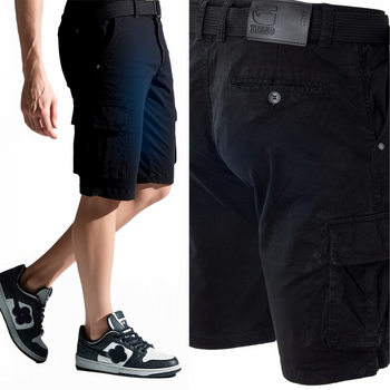 Spodenki męskie krótkie bojówki bawełniane czarne pasek - ITENO