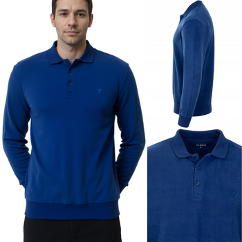 Klasyczna bluza męska bawełniana z kołnierzem ciemno-niebieska gładka - Reymo