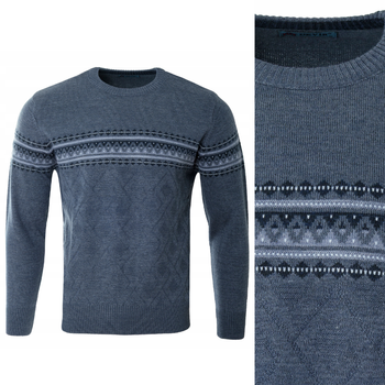 Sweter męski z okrągłym dekoltem niebieski wzór pasy wełna klasyczny - Devir