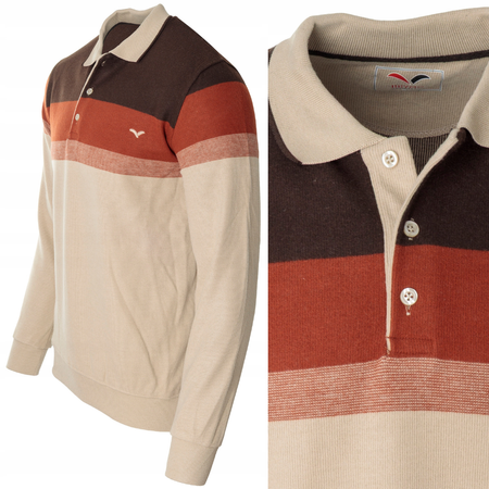 Bluza męska brązowo-beżowa z kołnierzykiem polo na guziki ze ściągaczami bawełniana - Reymo