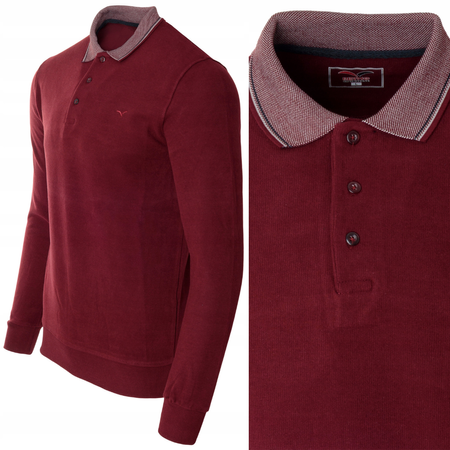 Bluza męska bordowa gładka z kołnierzykiem polo na guziki ze ściągaczami bawełna - Reymo