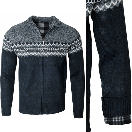 Sweter męski rozpinany ocieplany polarem jesienny granatowo-szary ze wzorem 
