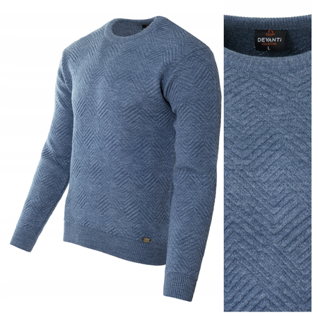 Sweter męski z okrągłym dekoltem niebieski wzór wełniany klasyczny - Devanti
