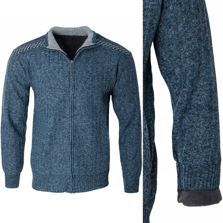 Sweter męski rozpinany ocieplany polarem jesienny niebieski ze wzorem 