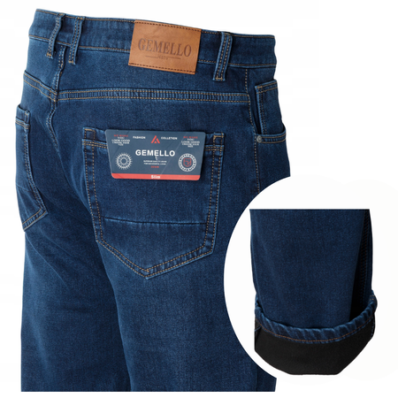 Męskie spodnie jeansy klasyczne granatowe ocieplane proste nogawki - Gemello