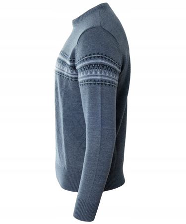 Sweter męski z okrągłym dekoltem niebieski wzór pasy wełna klasyczny - Devir