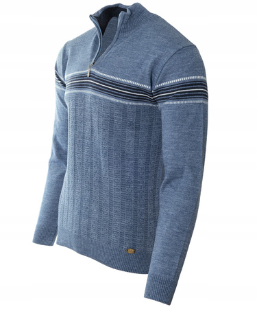 Sweter męski półgolf krótki zamek wełniany niebieski pasy klasyczny - Devanti