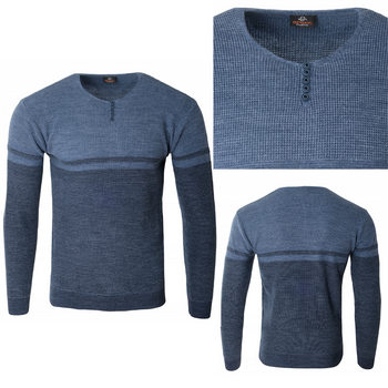 Sweter męski z okrągłym dekoltem z guzikami niebieski klasyczny - Devanti