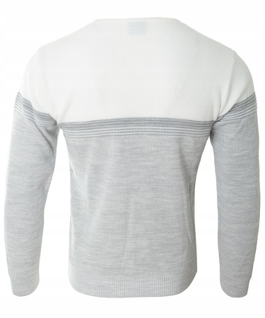 Sweter męski z okrągłym dekoltem na krótki zamek szaro-biały klasyczny - Devanti