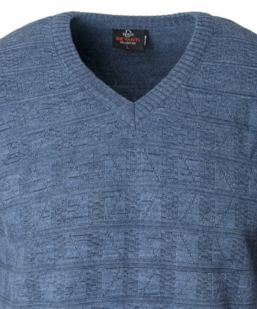 Sweter męski niebieski dekolt w serek V wzór kratka wełniany turecka Devanti