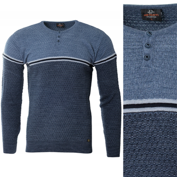 Sweter męski z okrągłym dekoltem krótkie zapięcie na guziki niebieski klasyczny - Devanti