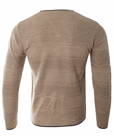 Sweter męski z okrągłym dekoltem krótkie zapięcie na guziki beżowy pasy klasyczny - Devanti
