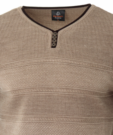Sweter męski z okrągłym dekoltem krótkie zapięcie na guziki beżowy pasy klasyczny - Devanti