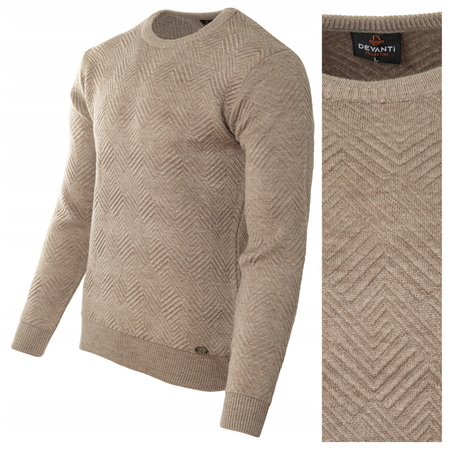 Sweter męski z okrągłym dekoltem brązowy wzór wełniany klasyczny - Devanti