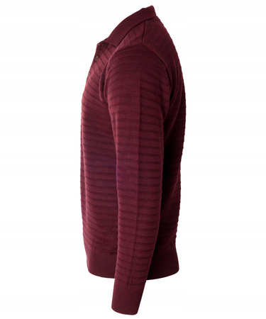Bluza męska z kołnierzykiem polo na guziki bordowa wzór w pasy ze ściągaczami bawełniana - Reymo