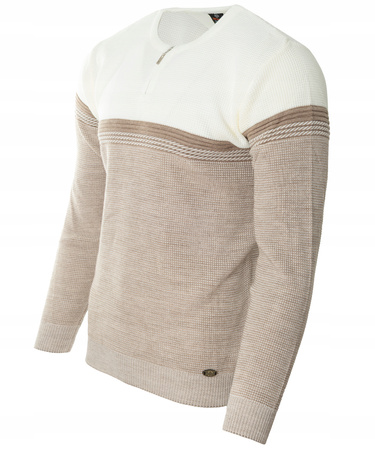 Sweter męski z okrągłym dekoltem na krótki zamek beżowo-biały klasyczny - Devanti