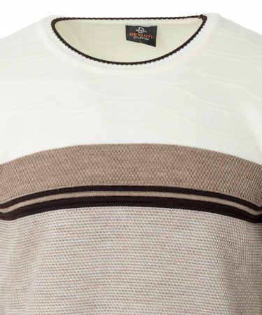 Sweter męski z okrągłym dekoltem beżowy wzór pasy wełniany klasyczny - Devanti