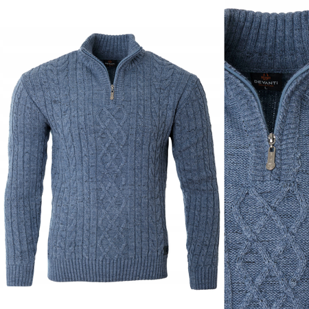 Sweter męski półgolf krótkie zapięcie na zamek niebieski we wzór klasyczny - Devanti