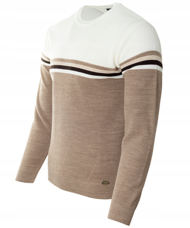 Sweter męski z okrągłym dekoltem brązowo-biały wzór pasy wełniany klasyczny - Devanti