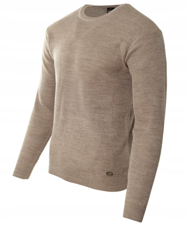 Sweter męski z okrągłym dekoltem brązowy wełniany klasyczny - Devanti