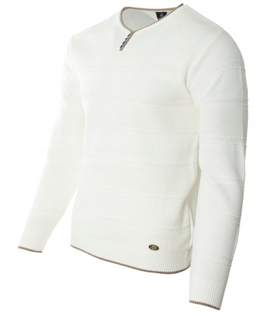 Sweter męski z okrągłym dekoltem krótkie zapięcie na guziki ecru pasy klasyczny - Devanti