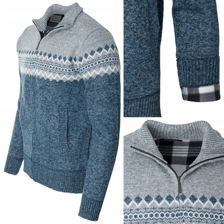 Sweter męski rozpinany ocieplany polarem jesienny niebiesko-szary wzorem 