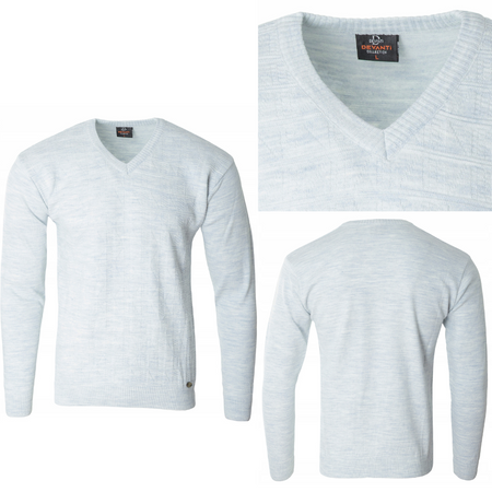 Sweter męski jasno-szary dekolt w serek V wzór kratka wełniany turecka Devanti