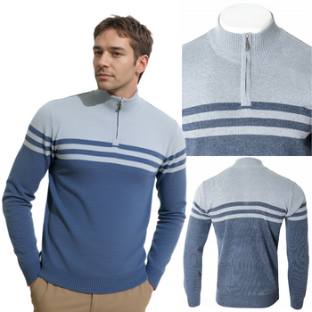 Sweter męski rozpinany krótki zamek niebiesko-szary wzór w pasy półgolf - Must