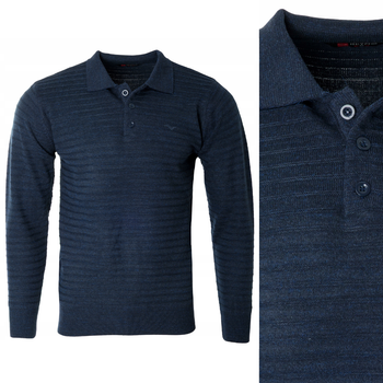 Bluza męska z kołnierzykiem polo na guziki granatowa wzór w pasy ze ściągaczami bawełniana - Reymo