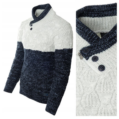 Sweter męski z okrągłym dekoltem zapięcie na krótki zamek i guziki granatowo-biały klasyczny - Devanti