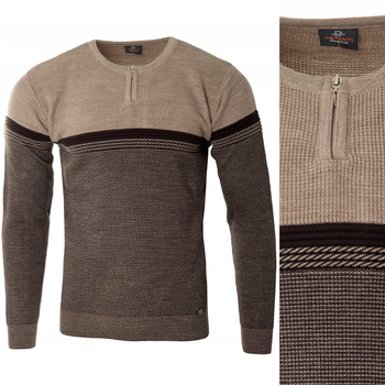 Sweter męski z okrągłym dekoltem na krótki zamek brązowy klasyczny - Devanti