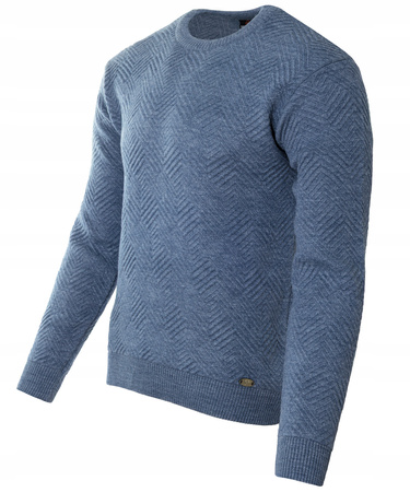 Sweter męski z okrągłym dekoltem niebieski wzór wełniany klasyczny - Devanti