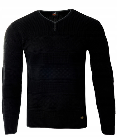 Sweter męski z okrągłym dekoltem krótkie zapięcie na guziki czarny pasy klasyczny - Devanti