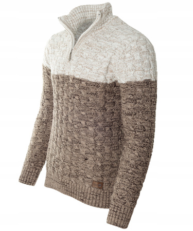 Sweter męski półgolf na krótki zamek jesienny brązowo-beżowy ze wzorem wełniany ciepły - Devanti