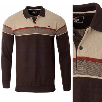 Bluza męska brązowo-beżowa z kołnierzykiem polo na guziki ze ściągaczami bawełniana - Reymo