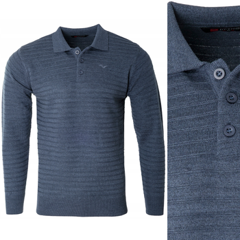 Bluza męska z kołnierzykiem polo na guziki niebieska wzór w pasy ze ściągaczami bawełniana - Reymo