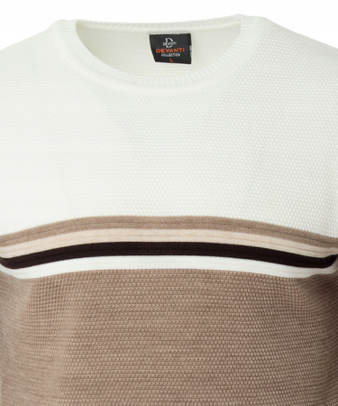 Sweter męski z okrągłym dekoltem brązowo-biały wzór pasy wełniany klasyczny - Devanti