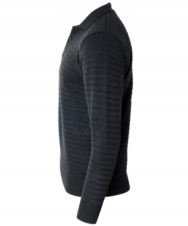 Bluza męska z kołnierzykiem polo na guziki czarna wzór w pasy ze ściągaczami bawełniana - Reymo