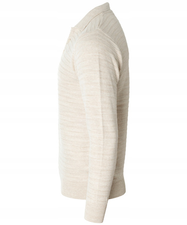 Bluza męska z kołnierzykiem polo na guziki beżowa wzór w pasy ze ściągaczami bawełniana - Reymo