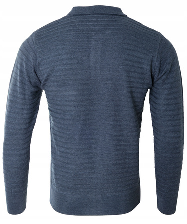 Bluza męska z kołnierzykiem polo na guziki niebieska wzór w pasy ze ściągaczami bawełniana - Reymo