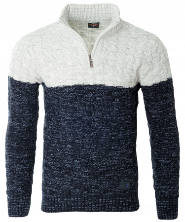 Sweter męski półgolf na krótki zamek jesienny granatowo-szary ze wzorem wełniany ciepły - Devanti