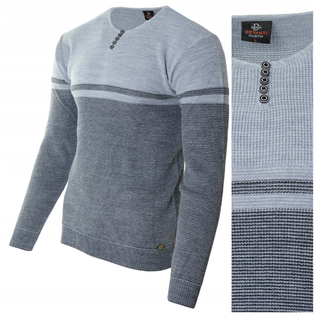Sweter męski z okrągłym dekoltem z guzikami jasno-szary klasyczny - Devanti