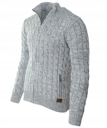 Sweter męski rozpinany szary jesienny jasno-szary ze wzorem wełniany ciepły - Devanti 