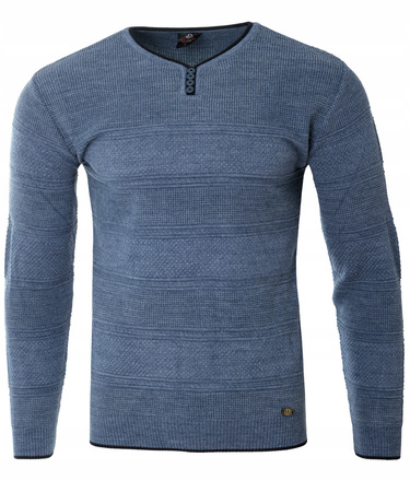 Sweter męski z okrągłym dekoltem krótkie zapięcie na guziki niebieski pasy klasyczny - Devanti