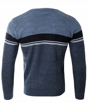 Sweter męski z okrągłym dekoltem niebieski wzór pasy wełniany klasyczny - Devanti